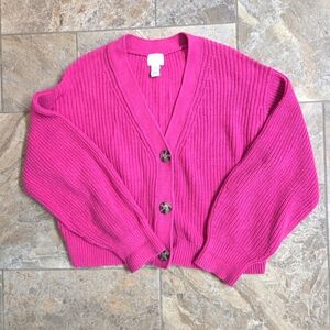 H&M Pink Cardigan Sweater Chunky Knit V-Neck Med‎